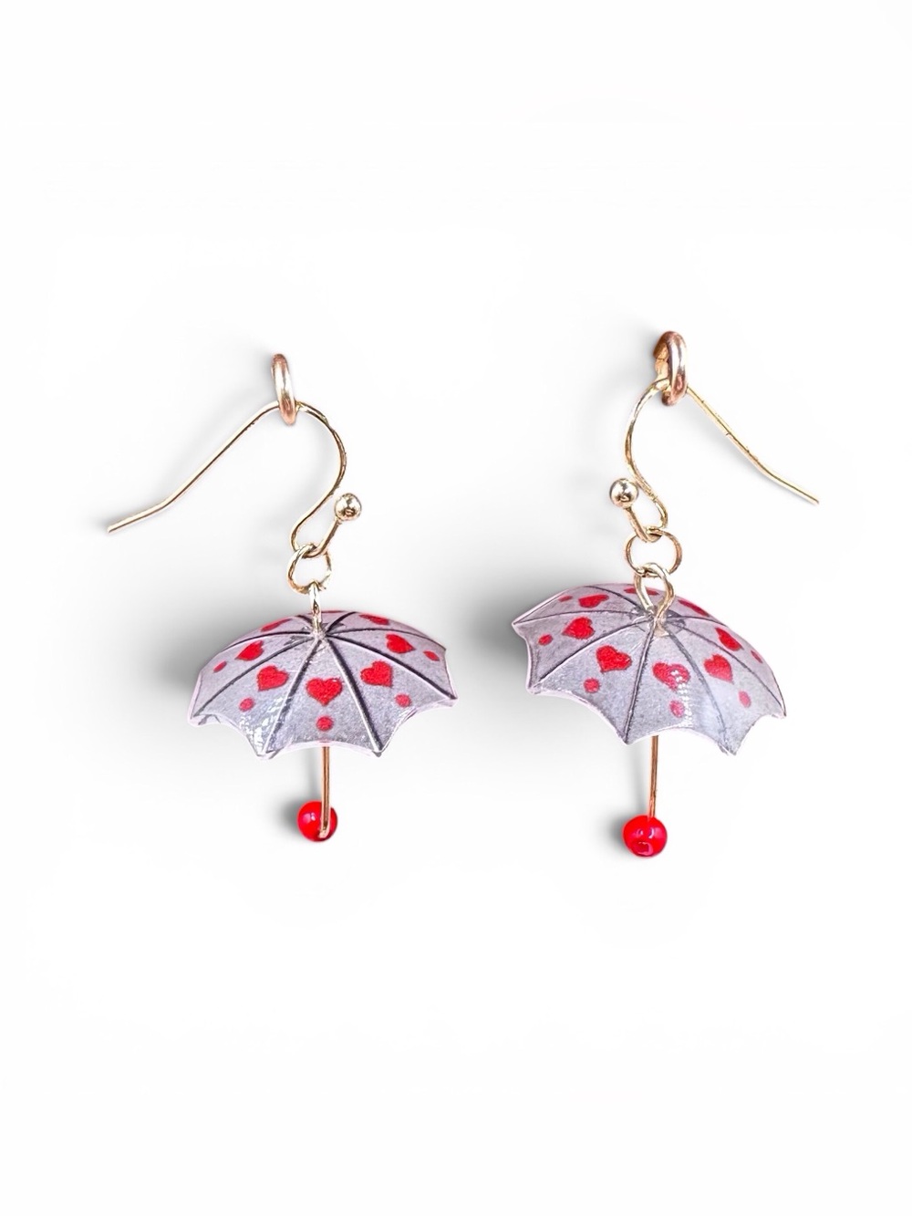 Nickel free Handmade umbrella earrings with little red hearts